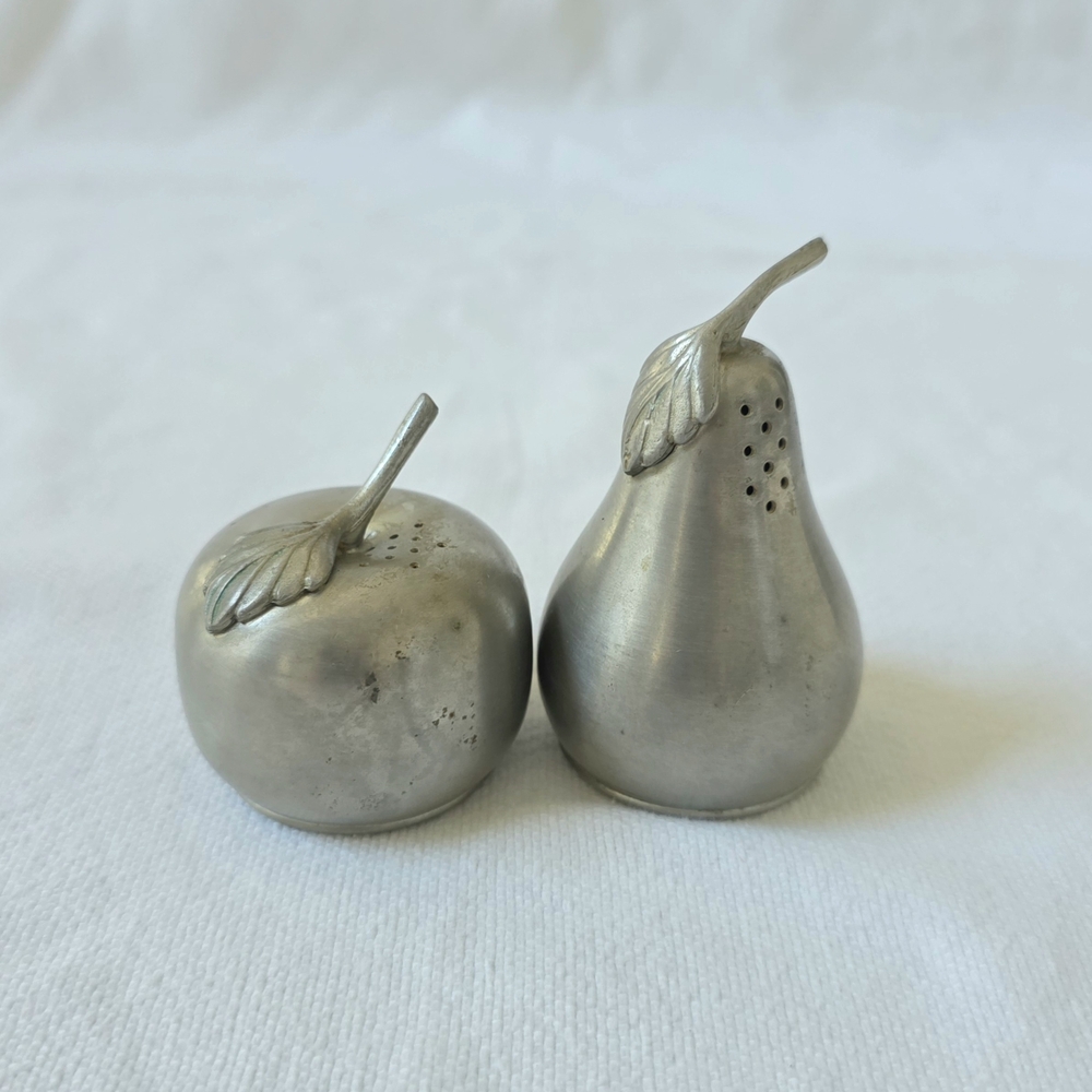 Vtg Pewter Salt and Pepper Shakers Apple Pear Fruit Kitchen Dining